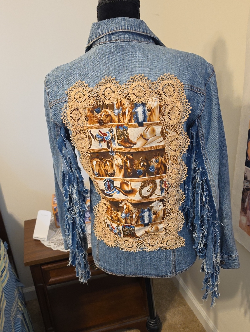Chico's Denim Jean Jacket with Tan Crochet & Brown Horse Patch
